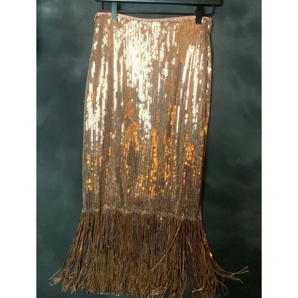 Lulus Sequin Fringe Midi Skirt S Gold Metallic Party Cocktail NYE Glam